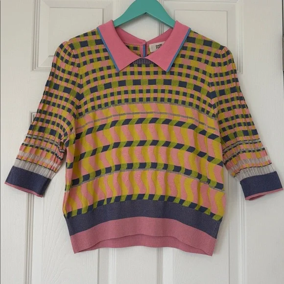 DIANE VON FURSTENBERG Jenny short sleeved knot top floating gingham pink size XL - Picture 3 of 13